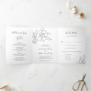 Invitación Tríptica Línea Neutral Arte Boda Floral Elegante