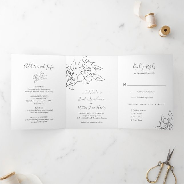 Invitación Tríptica Línea Neutral Arte Boda Floral Elegante (Interior)
