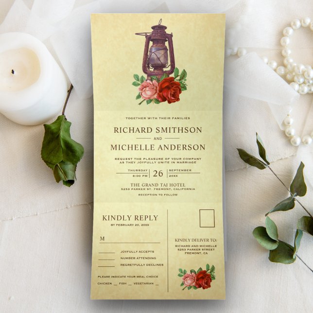 Invitación Tríptica Linterna de aceite floral rústica todo en uno para (Subido por el creador)