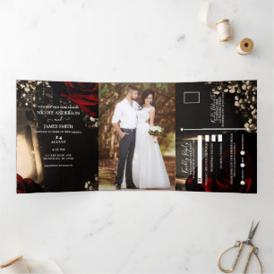 Invitación Tríptica Linterna y rosas rojas Boda romántico ruso