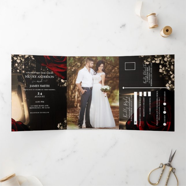 Invitación Tríptica Linterna y Rosas Rojas Boda Rústica Romántica (Interior)