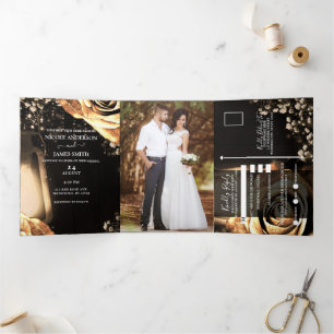 Invitación Tríptica Linternas y Rosas Doradas Boda Rústica Romántica