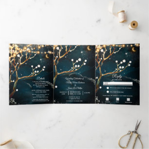 Invitación Tríptica Luces de árbol para boda campestre trifold