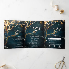 Invitación Tríptica Luces de árbol para veladas rústicas trifold Boda