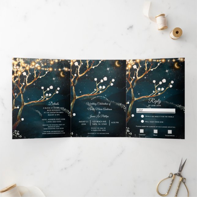 Invitación Tríptica Luces de árbol para veladas rústicas trifold Boda  (Interior)