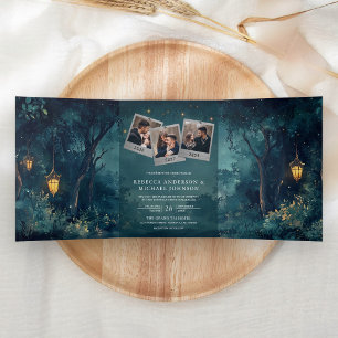 Invitación Tríptica Luces de bosque encantado código QR foto boda