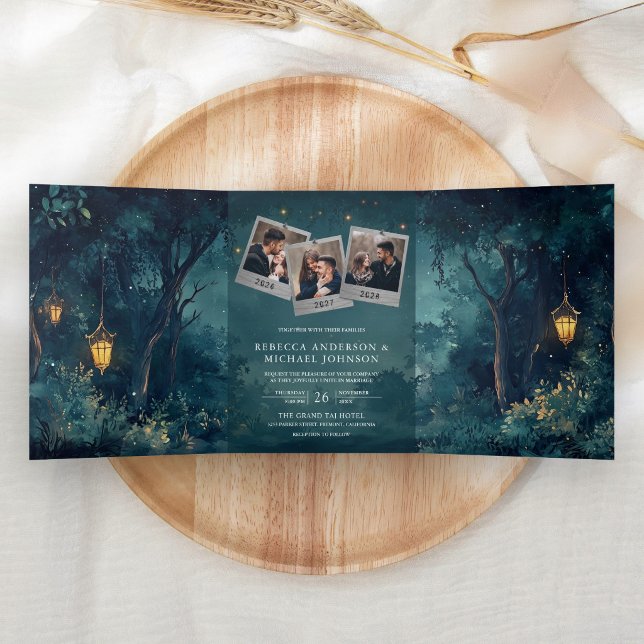Invitación Tríptica Luces de bosque encantado código QR foto boda (Inside)