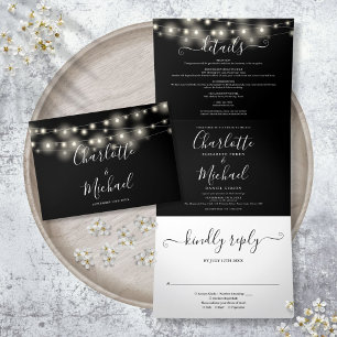 Invitación Tríptica Luces de Cadena Blanca y Negra Guión Monograma Bod