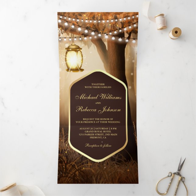 Invitación Tríptica Luces de cadena de lámpara de árbol de otoño rústi (Interior)