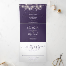 Invitación Tríptica Luces de Cadena Moradas Guión Monograma Boda