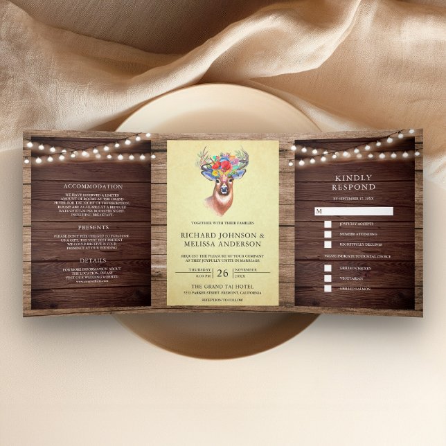 Invitación Tríptica Luces de Cuerda de Bosque Flores Cuerno de Ciervo  (Subido por el creador)