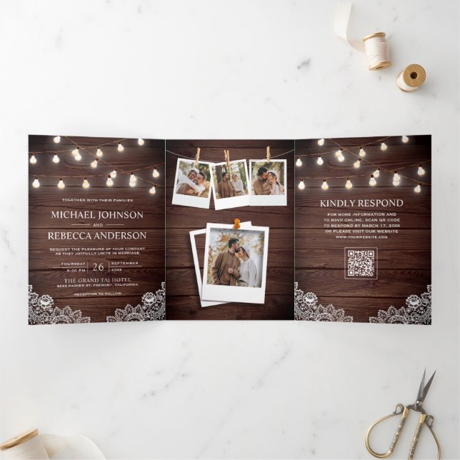 Invitación Tríptica Luces de Cuerda de Encaje de Madera de Granero Cód (Interior)