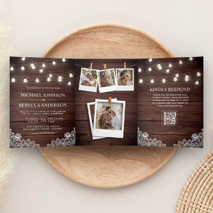 Invitación Tríptica Luces de Cuerda de Encaje de Madera de Granero Cód