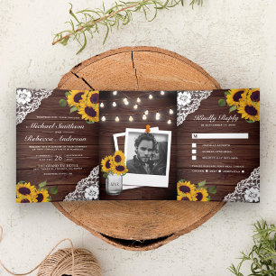 Invitación Tríptica Luces de Cuerda de Girasoles de Encaje de Madera R