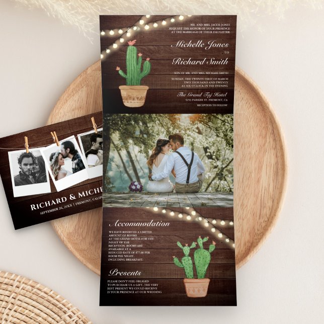 Invitación Tríptica Luces de Cuerda de Madera Rústica Bodas de Cactus  (Subido por el creador)