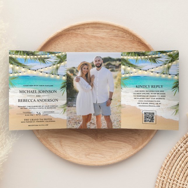 Invitación Tríptica Luces de Cuerda de Palma de Playa Tropical Código  (Subido por el creador)