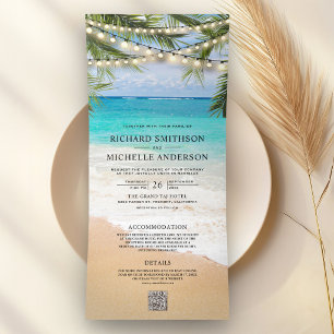 Invitación Tríptica Luces de Cuerda de Playa Tropical Código QR Boda