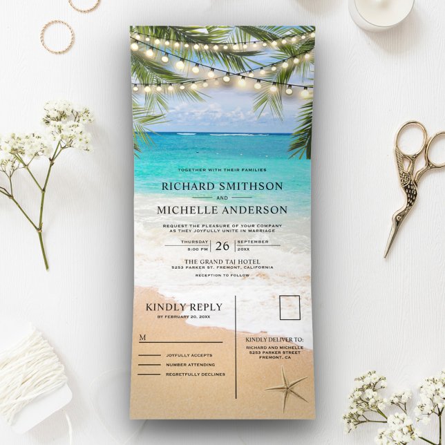 Invitación Tríptica Luces de Cuerda de Playa Tropical Todo en Uno para (Subido por el creador)