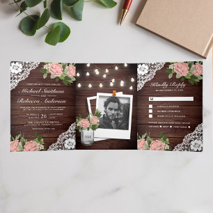 Invitación Tríptica Luces de Cuerda de Rosa de Encaje de Madera Rosa P