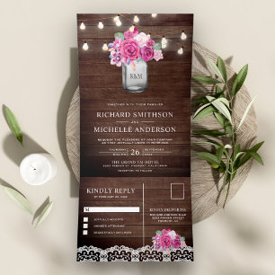Invitación Tríptica Luces de Cuerda de Rosas Rosadas Magenta en Tarro 