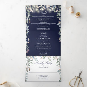 Invitación Tríptica Luces de Cuerda Floral Azul Marino Foto Boda