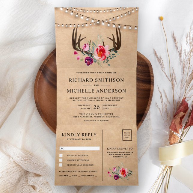 Invitación Tríptica Luces de Cuerda Rústicas Kraft Florales Cuerno de  (Subido por el creador)