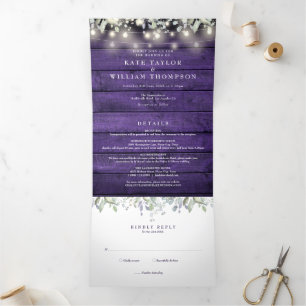Invitación Tríptica Luces de Cuerda Rústicas Moradas Florales Boda Fot