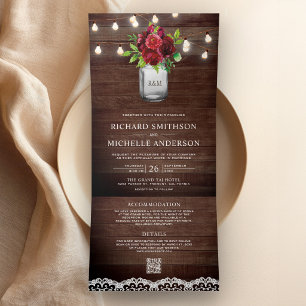 Invitación Tríptica Luces de frasco de Mason floral de Borgoña Código