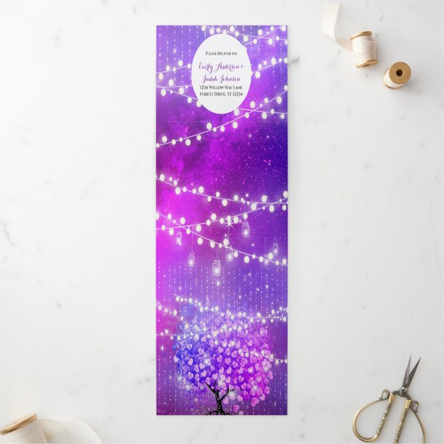 Invitación Tríptica Luces de hadas elegante Plum Boda de la hoja del c (Exterior)