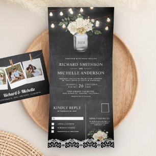 Invitación Tríptica Luces de Mason Jar Floral Marfil Pizarra para Boda