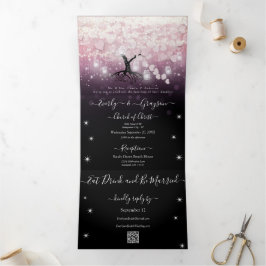 Invitación Tríptica Luces Moradas Rubor Rosa Corazón Hoja Boda
