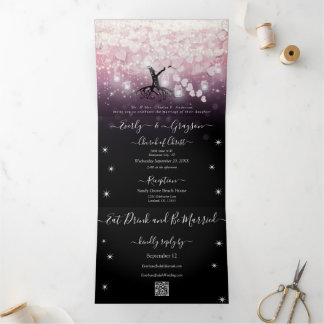 Invitación Tríptica Luces Moradas Rubor Rosa Corazón Hoja Boda