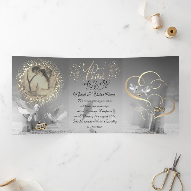 Invitación Tríptica lujoso con decoración y brillo para boda  (Interior)