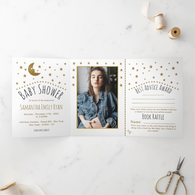 Invitación Tríptica Luna de Oro y Estrellas, Suite Baby Shower (Interior)