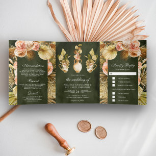 Invitación Tríptica Macetas Florales Terrosas Palma Seca Verde Oliva B