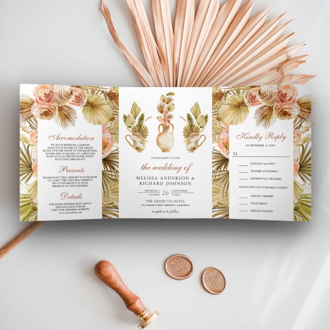 Invitación Tríptica Macetas Florales Terrosas Rústicas Secas Boho Palm (Subido por el creador)