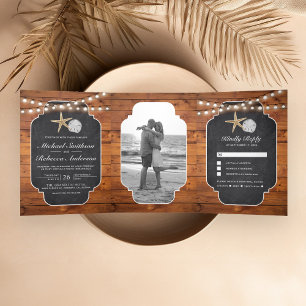 Invitación Tríptica Madera Chalkboard Starfish Sand Dollar Beach Weddi