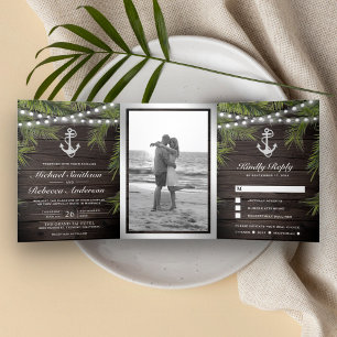 Invitación Tríptica Madera Rústica Hojas de Palma Tropicales Boda Ancl