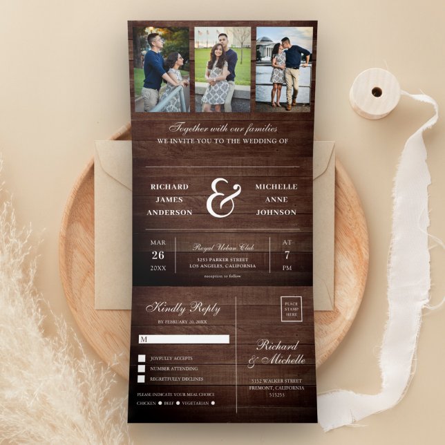 Invitación Tríptica Madera rústica mínima 3 en 1 Boda de Collage de fo (Subido por el creador)