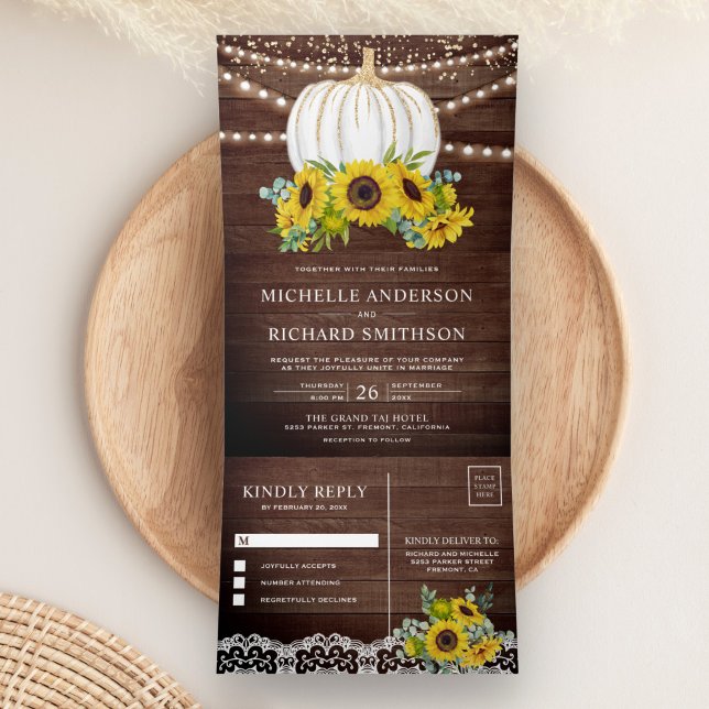 Invitación Tríptica Madera Rustica Sunflowers White Pumpkin Fall Weddi (Subido por el creador)