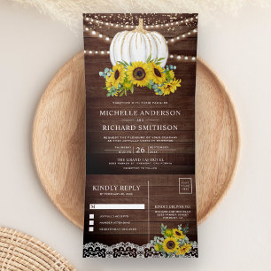 Invitación Tríptica Madera Rustica Sunflowers White Pumpkin Fall Weddi