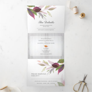 Invitación Tríptica Madera y follaje rústicos todo en una sola boda