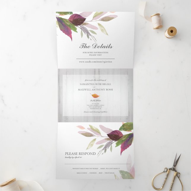 Invitación Tríptica Madera y follaje rústicos todo en una sola boda (Interior)