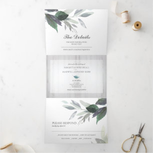 Invitación Tríptica Madera y follaje rústicos todo en una sola boda