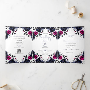 Invitación Tríptica Magenta Rosa y Azul Floral Acuarela Nupcial Tinta