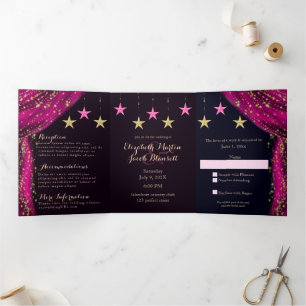 Invitación Tríptica Magenta y oro en las noches árabes en un Boda