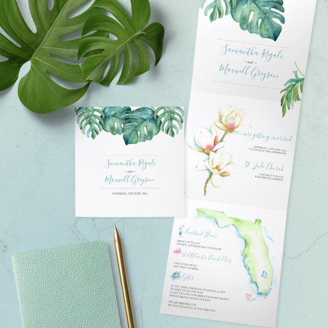 Invitación Tríptica Magnolia acuarela tropical de Florida todo en uno (hand painted watercolor wedding invitations tropical Florida art Victoria Grigaliunas DoTellABelle)