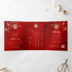 Invitación Tríptica Magnolia de Oro Rojo   Boda China
