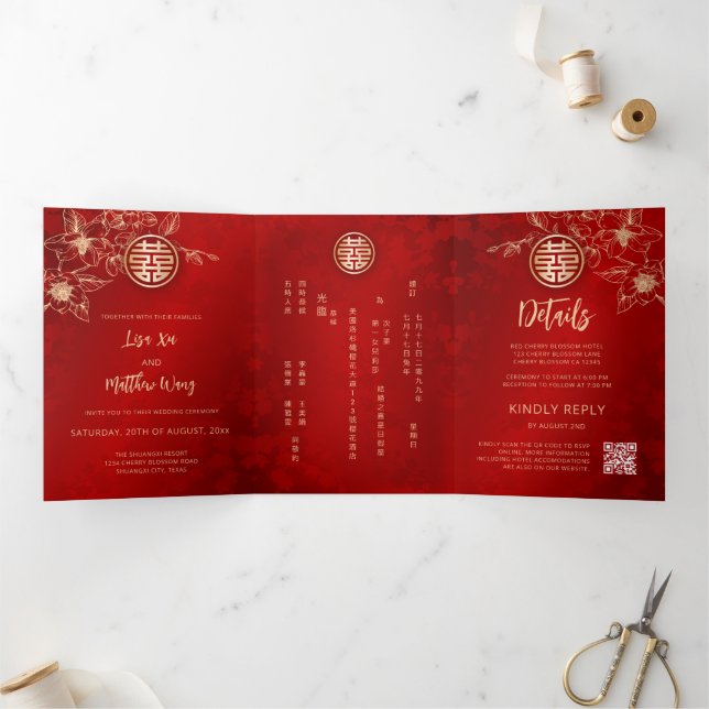 Invitación Tríptica Magnolia de Oro Rojo | Boda China (Interior)