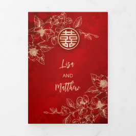 Invitación Tríptica Magnolia dorada roja | Boda chino